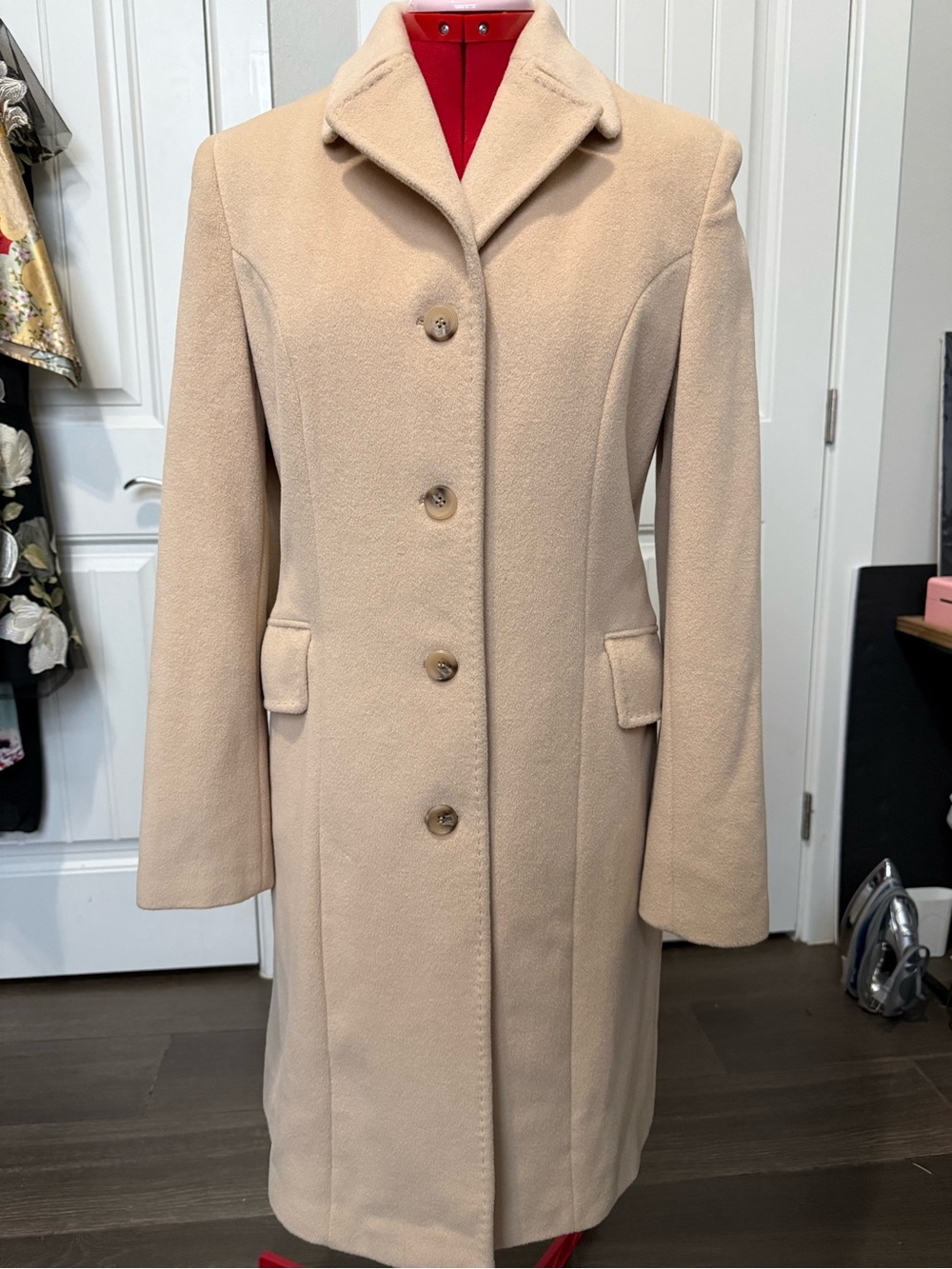 Calvin Klein Single Breasted Cream Colored Angora Wool Knee Length Coat